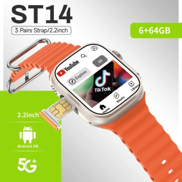 Modio ST14 5G+ – Smartwatch Android 5G Avec Carte Sim , Écran 2.2” , 6/64Gb