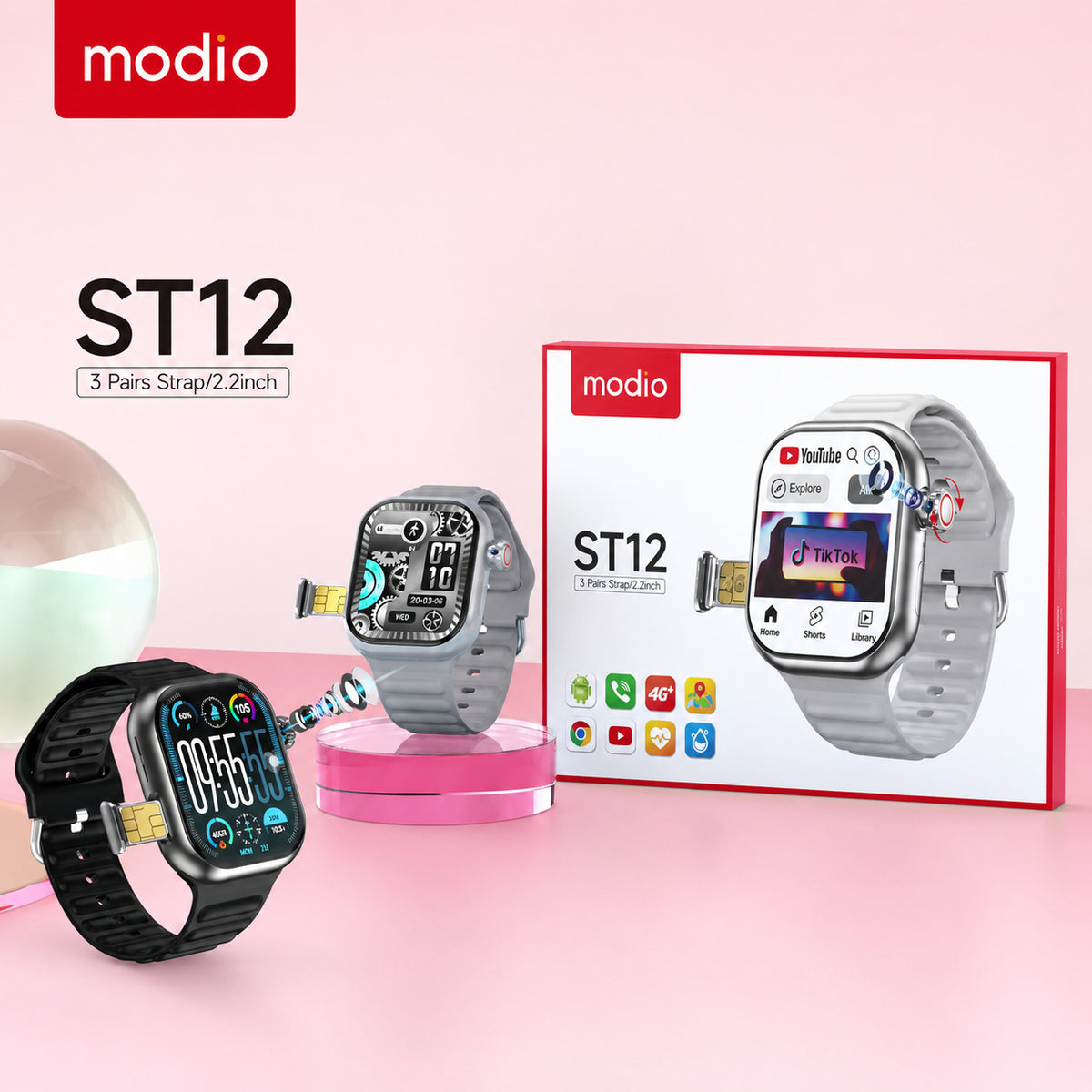 Modio ST12 – Smartwatch 4G , Carte Sim Avec Wifi , Gps , Bluetooth , 4/64 GB