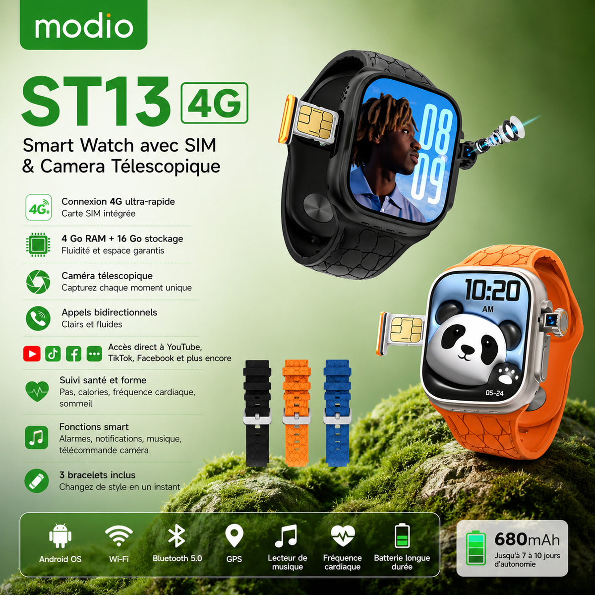 Modio ST13 4G – Smartwatch Avec Sim , Camera Télescopique Avec 3 Bracelets Inclus