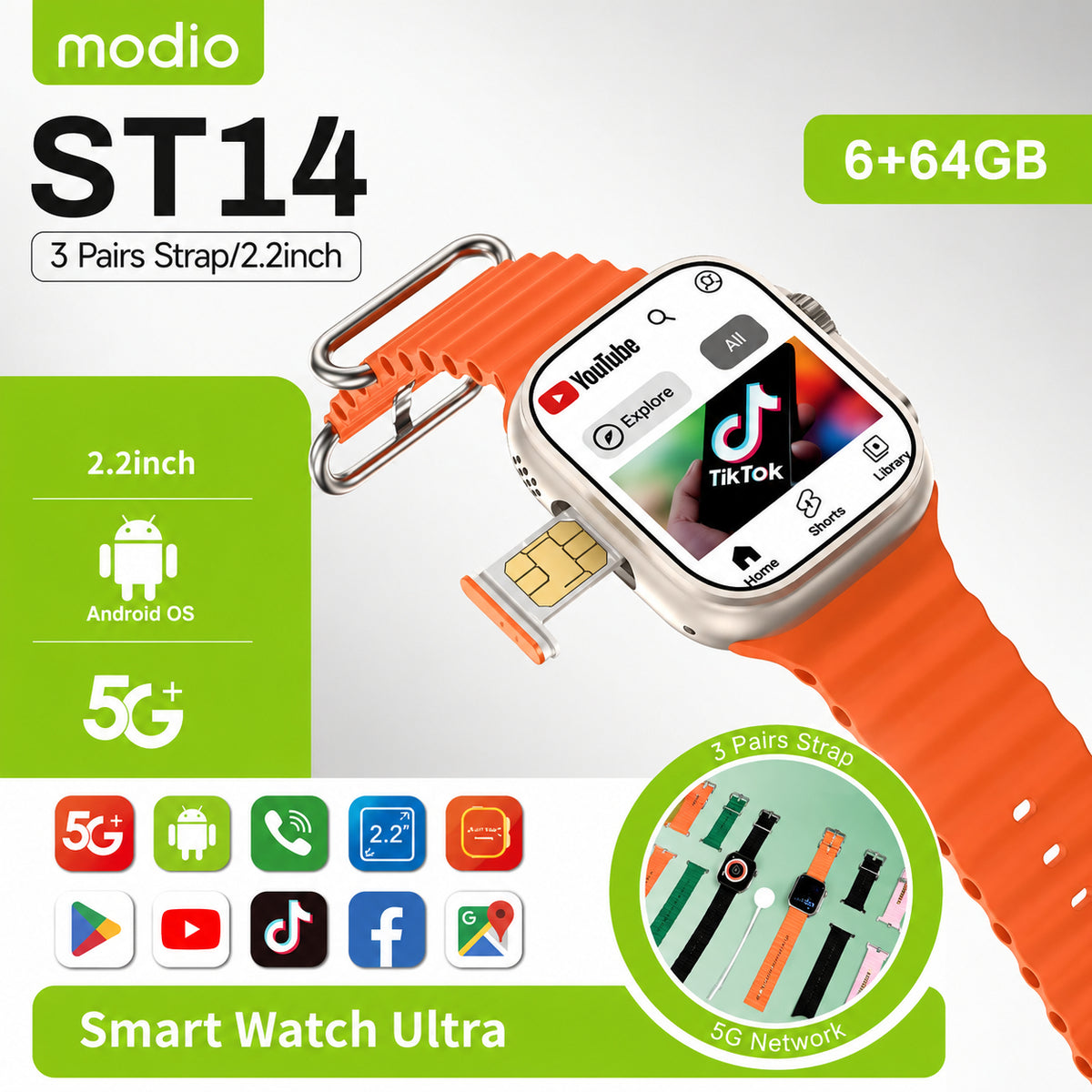 Modio ST14 5G+ – Smartwatch Android 5G Avec Carte Sim , Écran 2.2” , 6/64Gb