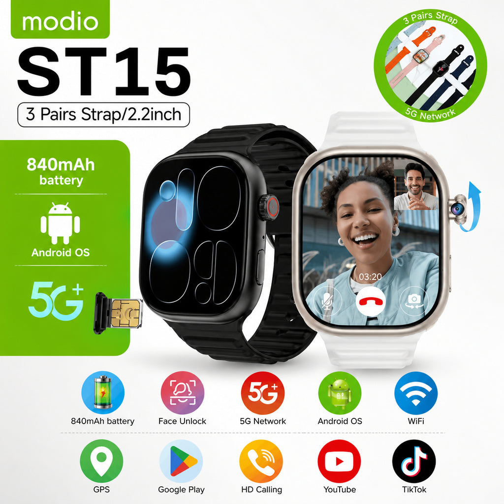 Modio ST15 5G – Smartwatch Android Avec SIM , GPS , Caméra Rotative 8MP, 6Go/64Go |