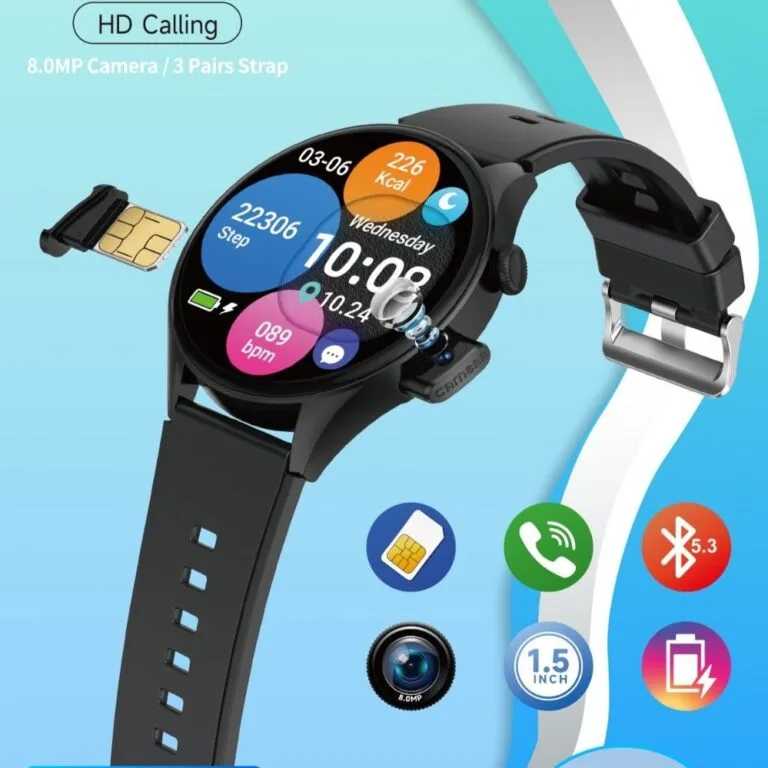 Modio SM07 – Smartwatch 4G avec Carte SIM , Caméra 8 MP Et  3 Bracelets Inclus