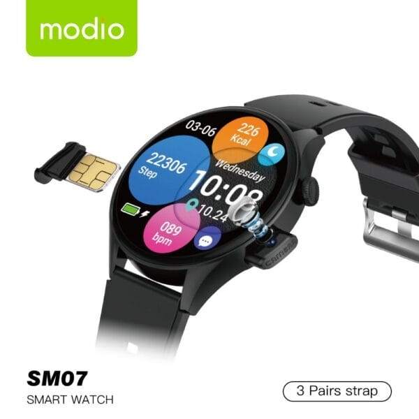 Modio SM07 – Smartwatch 4G avec Carte SIM , Caméra 8 MP Et  3 Bracelets Inclus