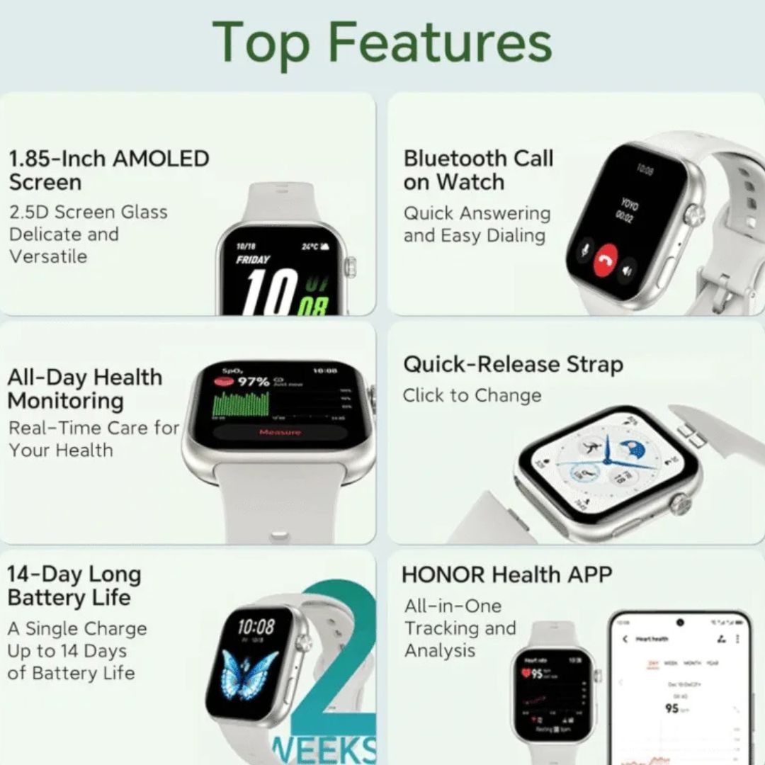 HONOR CHOICE 2i – Smartwatch AMOLED 1,85” , IP68 , Appels Bluetooth Et 14 Jours d’Autonomie