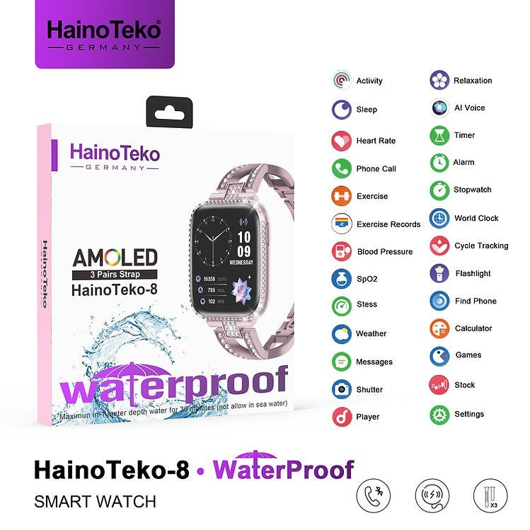 HainoTeko-8 – Montre Connectée Femme AMOLED, IP68 et 3 Bracelets Interchangeables